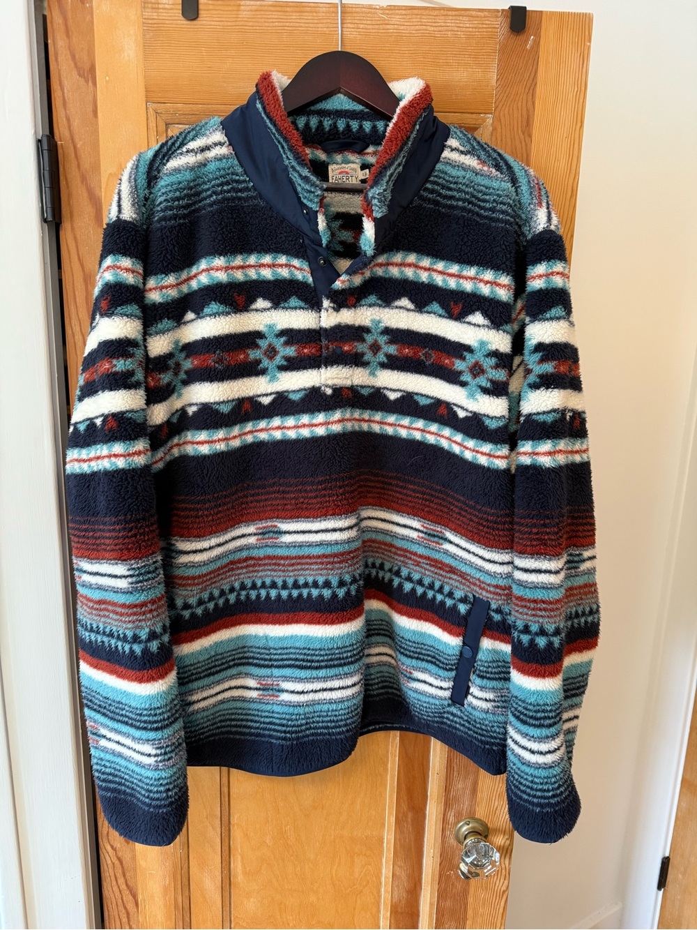 Faherty Tribal Patterned Sherpa Fleece Jacket w/snaps— Navy, Teal & Rust Accents